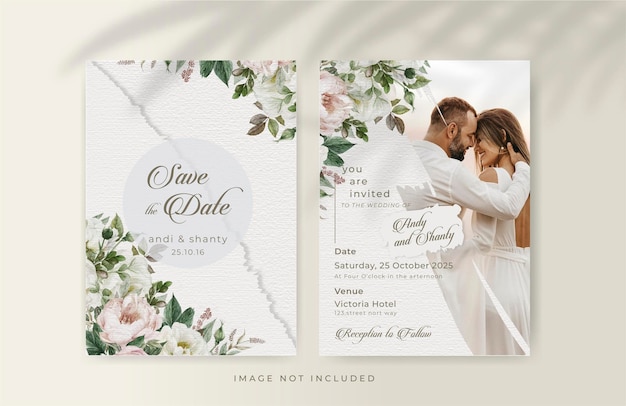 wedding invitation template with elegant watercolor white and browns roses