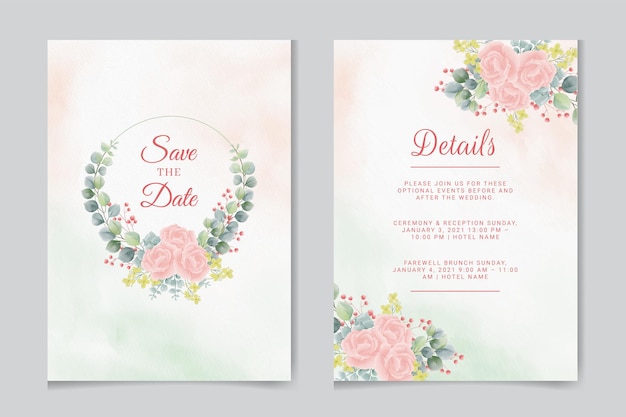 Wedding invitation template with eucalypts leaves and flowers