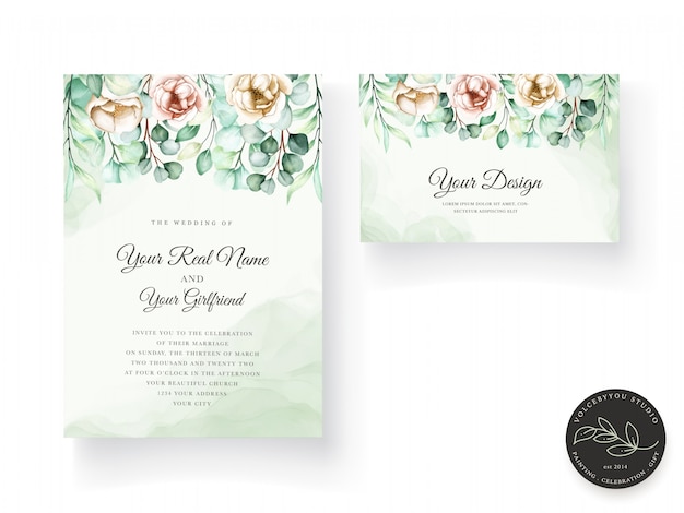 Wedding invitation template with eucalyptus leaves set