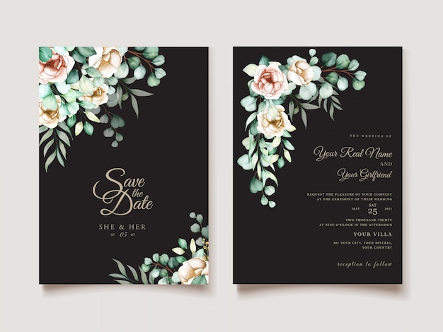 Vector wedding invitation template with eucalyptus leaves set