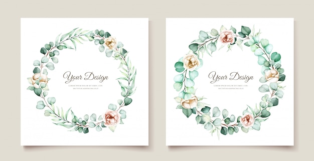 Vector wedding invitation template with eucalyptus leaves set