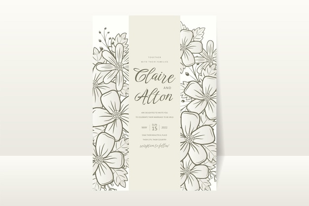 Wedding invitation template with floral outline decoration