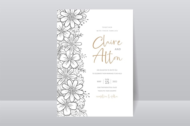 Wedding invitation template with floral outline decoration