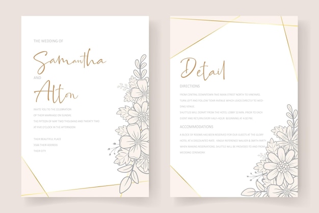 Wedding invitation template with floral outline decoration