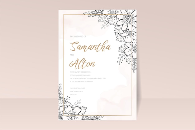 Wedding invitation template with floral outline decoration