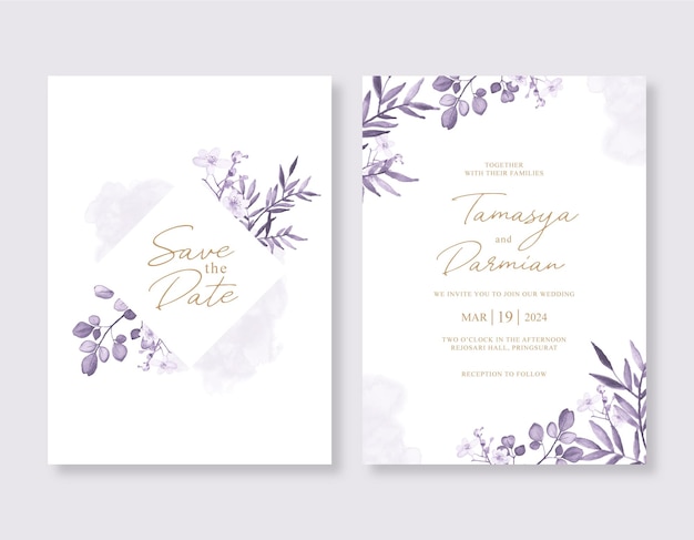 Vettore modello di invito a nozze con acquerello viola floreale