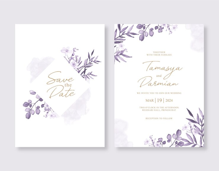 Wedding invitation template with floral purple watercolor