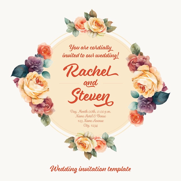 Wedding invitation template with flower leaves frame and border Floral decoration vector