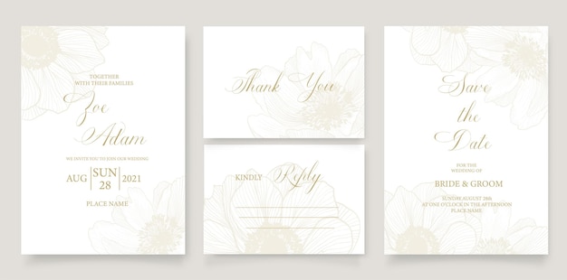 Wedding invitation template with flower of peony in line minima