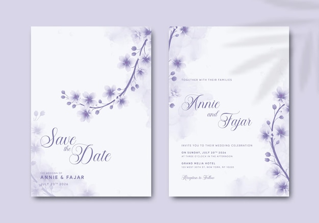 Wedding invitation template with flower watercolor illustration premium vector