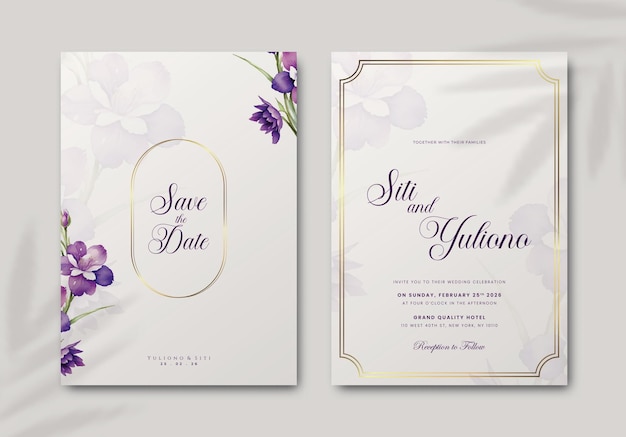 Wedding invitation template with flower watercolor premium vector