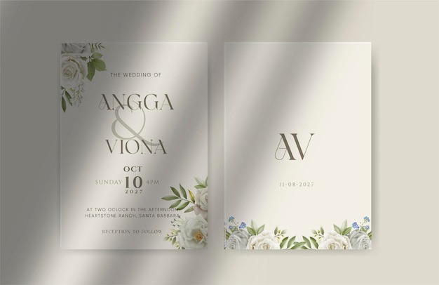葉のバラの水彩画と結婚式の招待状のテンプレート