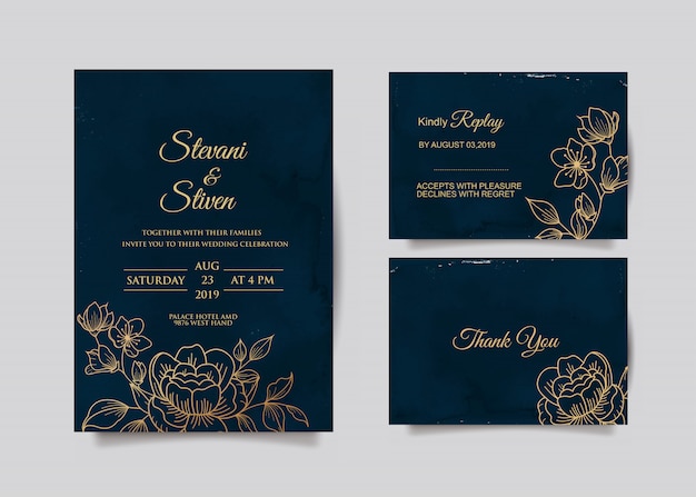 Vector wedding invitation template with gold and blue color