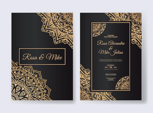 Wedding invitation template with gold mandala design ornament