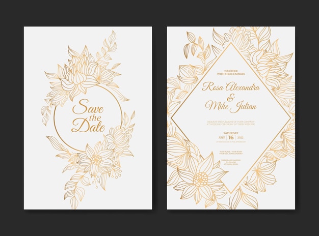 Vector wedding invitation template with gold outline flower hand drawn