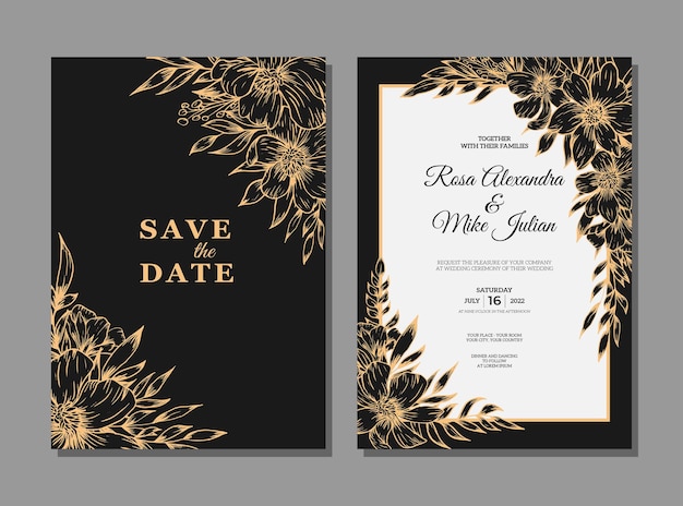 Vector wedding invitation template with gold outline flower