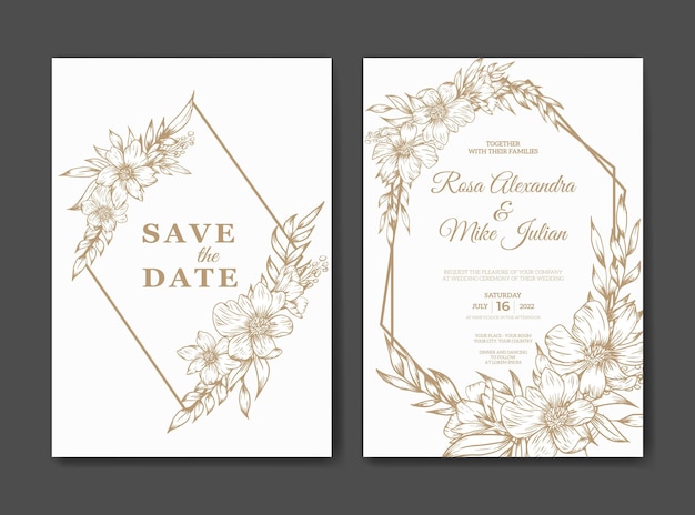 Wedding invitation template with gold outline flower