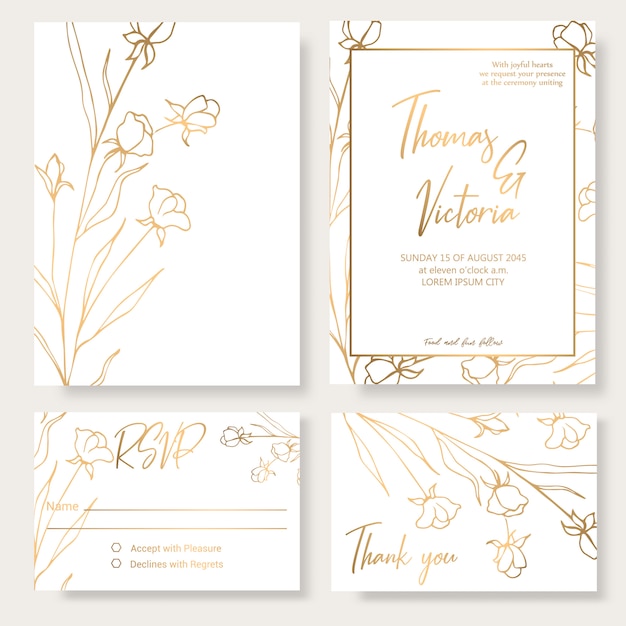 Wedding invitation template with golden decorative elements.