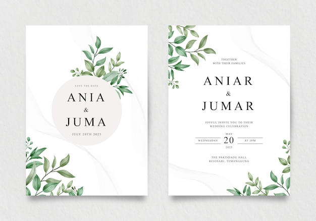Vector wedding invitation template with green leaves decoration