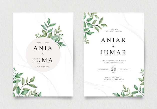 wedding invitation template with green leaves decoration