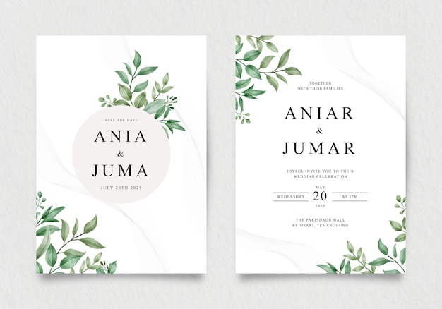 Wedding invitation template with green leaves decoration