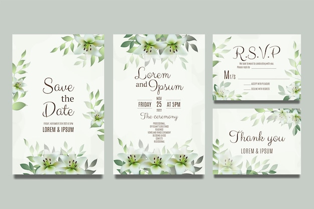 Wedding invitation template with green lily and leaves