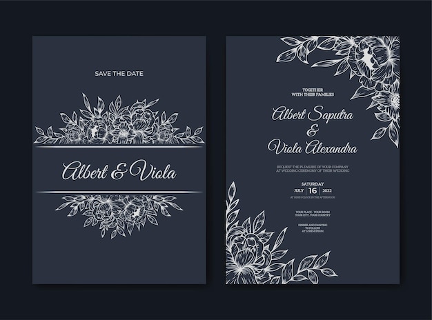 wedding invitation template with hand drawn outline flower decoration