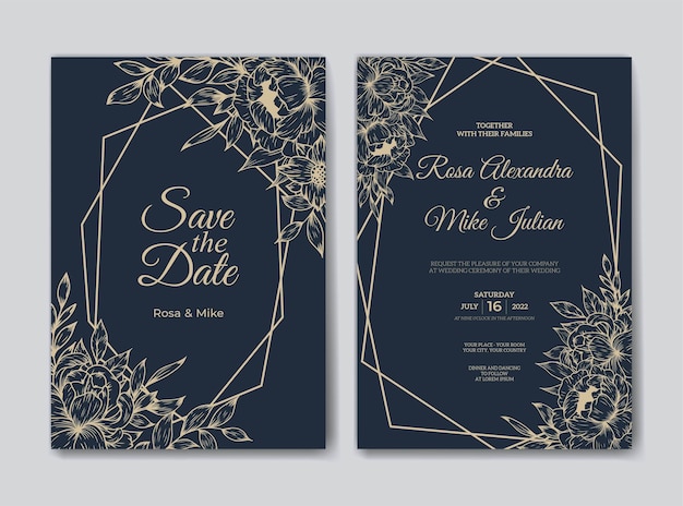 wedding invitation template with hand drawn outline flower decoration