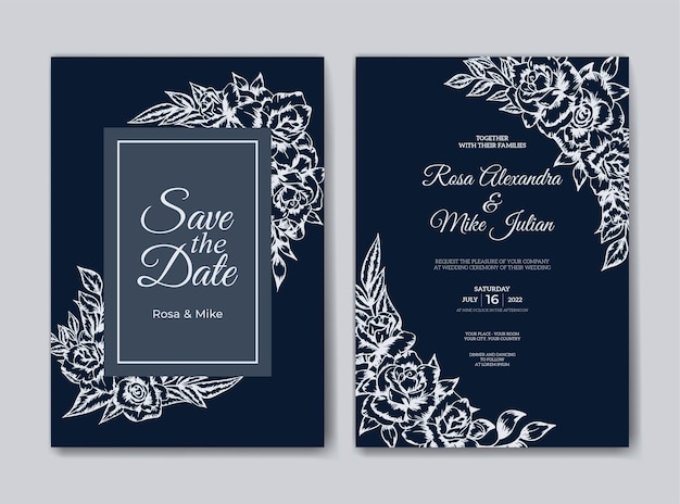 Wedding invitation template with hand drawn outline flower decoration