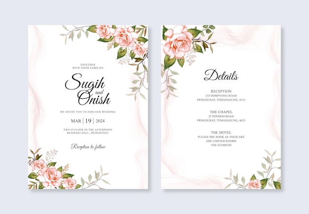 Wedding invitation template with hand drawn watercolor floral