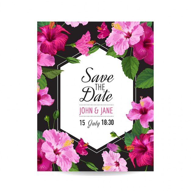 Vector wedding invitation template with hibiscus flowers