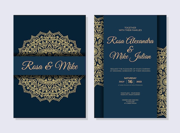 wedding invitation template with luxury mandala design in gold color