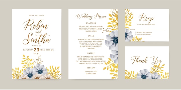 Wedding invitation template with menu and floral template