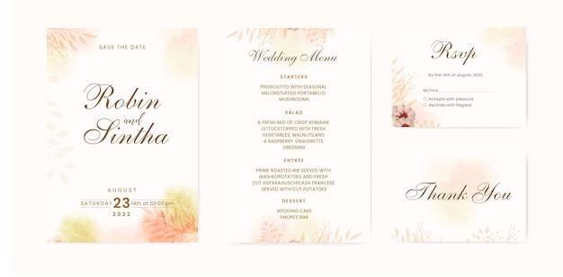 Wedding invitation template with menu and water color pastel floral template