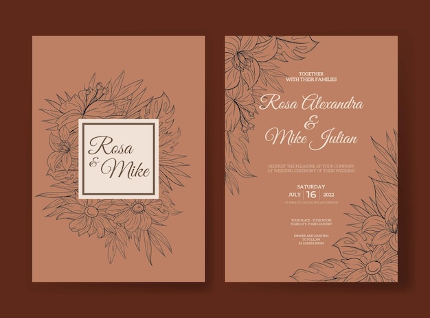 Vector wedding invitation template with monstera tropical flowers outline