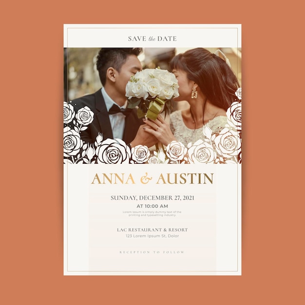 Vector wedding invitation template with newlyweds photo