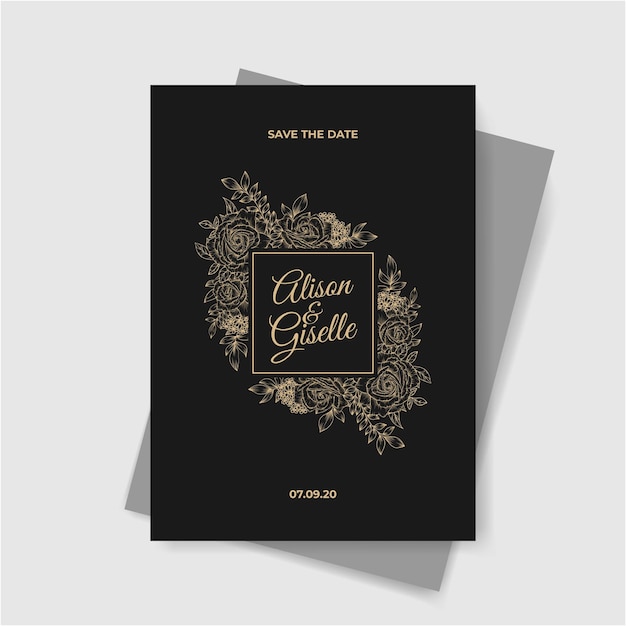 Wedding invitation template with outline flower decoration