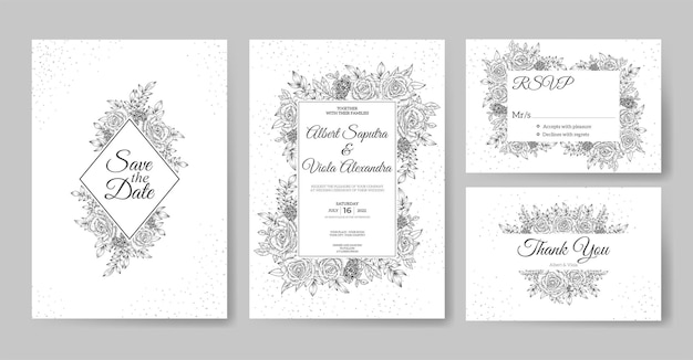 Wedding invitation template with outline flower decoration