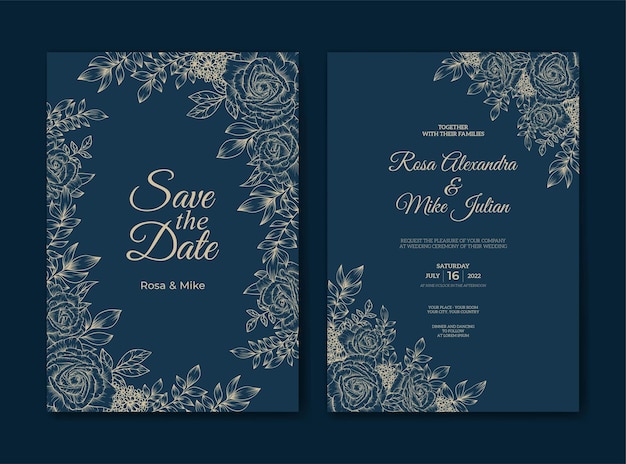 Wedding invitation template with outline flower decoration