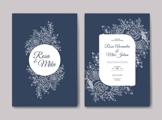 Wedding invitation template with outline flower decoration