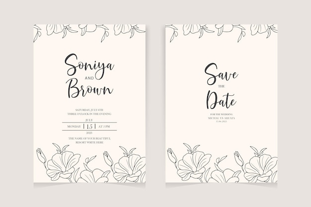 Wedding invitation template with outline flower ornaments decoration