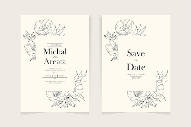 Wedding invitation template with outline flower ornaments decoration