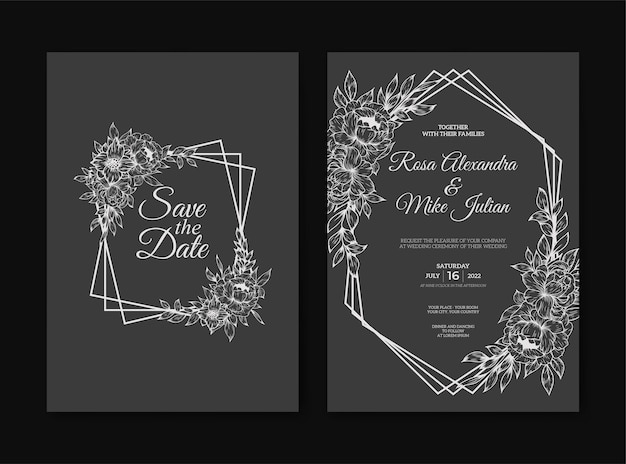 wedding invitation template with outline frame flower decoration