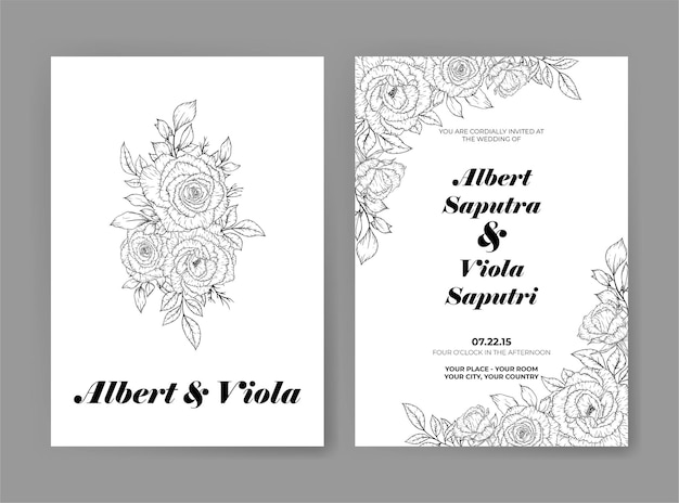 Wedding invitation template with outline rose flower decoration