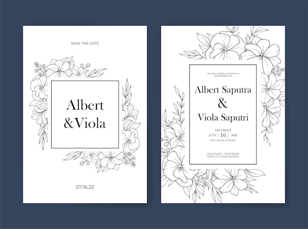 Wedding invitation template with outline spring flower decoration