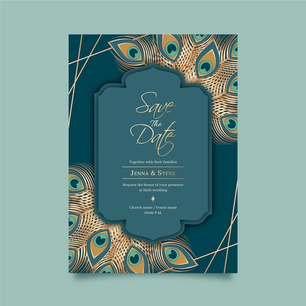 Vector wedding invitation template with peacock feathers