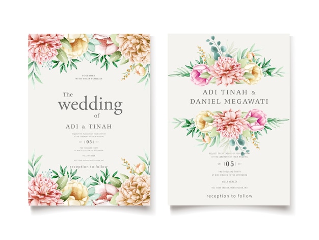 Vector wedding invitation template with peonies wreath