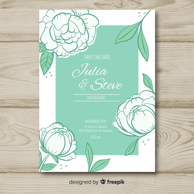 Wedding invitation template with peony flowers