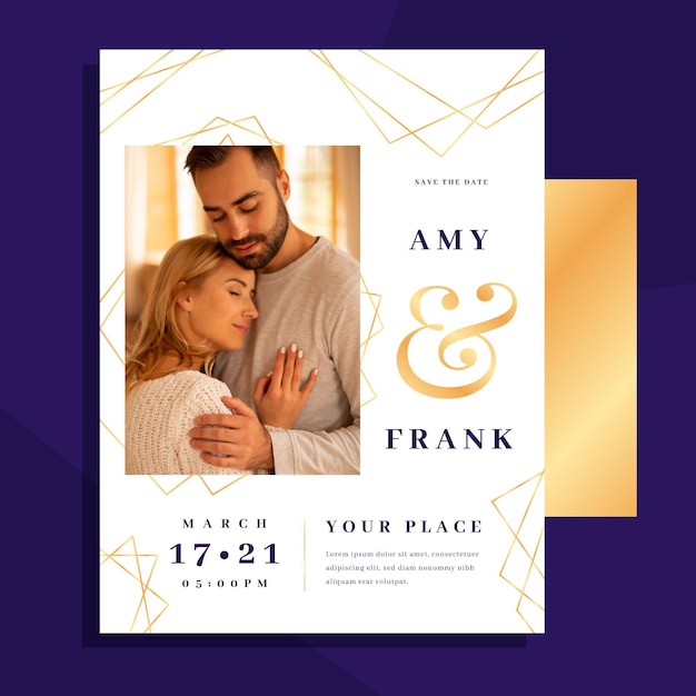 Vector wedding invitation template with photo of couple