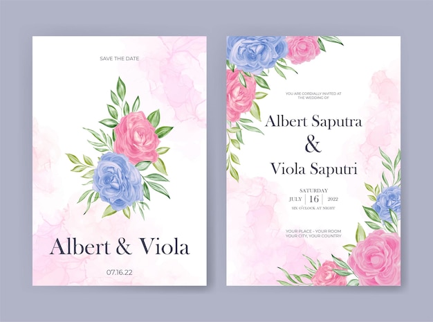 Шаблон свадебного приглашения с акварелью из розовых и голубых роз